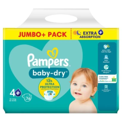 Pampers Jumbo Pack (Belt System) Size- 4+ (10-15 KG) 76pcs